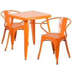 Emma and Oliver Commercial Grade 23.75" Square Metal Indoor-Outdoor Table Set with 2 Arm Chairs Orange