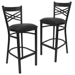 Emma and Oliver 2 Pack "X" Back Metal Restaurant Barstool BlackVYL/BlackMetal