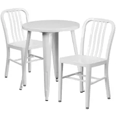 Emma and Oliver Commercial Grade 24" Round Metal Indoor-Outdoor Table Set & 2 Slat Back Chairs White