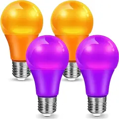 Orange Light Bulb Purple Light Bulb 9W (60W Equivalent) E26 Base Non-Dimmable, LED Colored Light Bulbs for Halloween Christmas Party Holiday Lighting 4-Pack (2 Orange + 2 Purple)