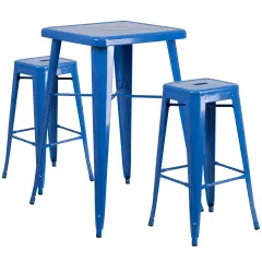Emma and Oliver Commercial Grade 23.75" Square Metal Indoor-Outdoor Bar Set & 2 Backless Stools Blue