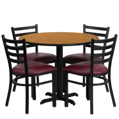 Emma and Oliver 36" Round Laminate X-Base Table Set with 4 Ladder Back Chairs Natural/BurgundyVYL