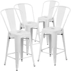 Emma and Oliver Commercial Grade 4 Pack 24" High Metal Indoor-Outdoor Counter Height Stool with Back White