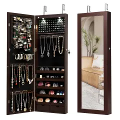 Lockable Wall Mount Mirrored Jewelry Cabinet with LED Lights Brown