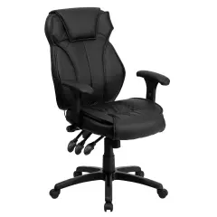 Emma and Oliver High Back Leather Multifunction Executive Swivel Ergonomic Office Chair with Lumbar Support Knob with Arms Black