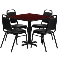 Emma and Oliver 36" Square Laminate X-Base Table Set with 4 Banquet Chairs MahoganyTop/BlackVYL