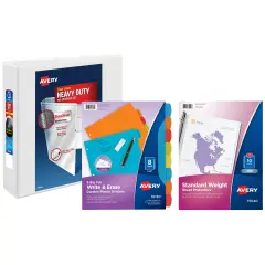 Avery Heavy-Duty View 3 Ring Binder with 2 Inch Rings, 8 Tab Reusable Write & Erase Plastic Binder Dividers, Clear Sheet Protectors, School Supplies Set (01685)