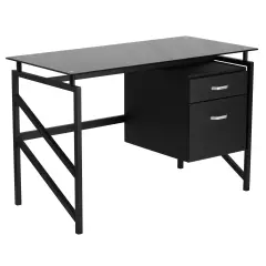 Emma and Oliver Two Drawer Pedestal Desk with Tempered Glass Top and Metal Frame Black