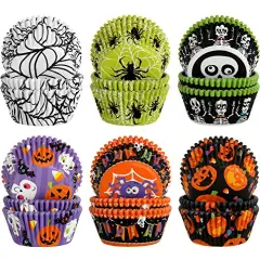 600 Pieces Halloween Cupcake Liners Halloween Pumpkin Colorful Donuts Baking Cups Disposable Paper Cupcake Wrappers Muffin Case Trays Baking Wraps for Halloween Birthday Party()