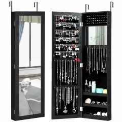 Full Length Mirror Jewelry Cabinet with Ring Slots and Necklace Hooks Black