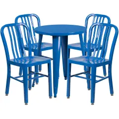 Emma and Oliver Commercial Grade 24" Round Metal Indoor-Outdoor Table Set & 4 Slat Back Chairs Blue