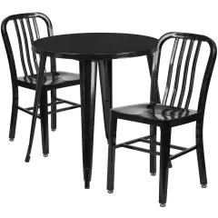 Emma and Oliver Commercial Grade 30" Round Metal Indoor-Outdoor Table Set & 2 Slat Back Chairs Black