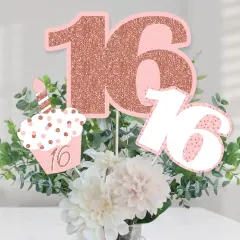 Big Dot of Happiness 16th Pink Rose Gold Birthday - Happy Birthday Party Centerpiece Sticks - Table Toppers - Set of 15