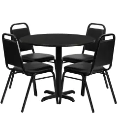 Emma and Oliver 36" Round Laminate X-Base Table Set with 4 Banquet Chairs BlackTop/BlackVinyl