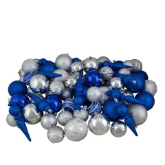 Northlight Shatterproof 3-Finish Christmas Ball and Finial Ornaments - Blue and Silver - 75ct