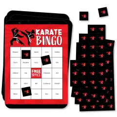 Big Dot of Happiness Karate Master - Bingo Cards and Markers - Martial Arts Birthday Party Shaped Bingo Game - Set of 18