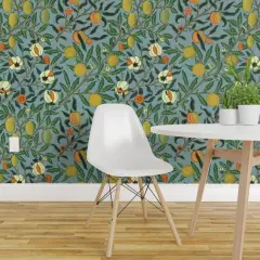 Pre-Pasted Wallpaper 2FT Wide Victorian Fruit Antique Trees Oranges Pomegranate Morris Inspired Custom Pre-pasted Wallpaper by Spoonflower