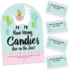 Big Dot of Happiness Whole Llama Fun - How Many Candies Llama Fiesta Baby Shower or Birthday Party Game - 1 Stand and 40 Cards - Candy Guessing Game
