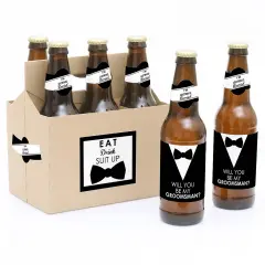 Big Dot of Happiness Suit Up - Will You Be My Groomsman Decorations for Men - 6 Beer Bottle Label Stickers and 1 Carrier