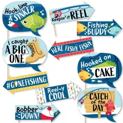 Big Dot of Happiness Funny Let's Go Fishing - Fish Themed Birthday Party or Baby Shower Photo Booth Props Kit - 10 Piece