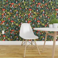 Pre-Pasted Wallpaper 2FT Wide Woodland, Gnomes, Large, Red, Mushroom, Garden, Summer, Floral, Mushrooms Custom Pre-pasted Wallpaper by Spoonflower