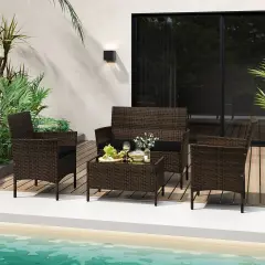 4 Piece Patio Rattan Conversation Set With Cozy Seat Cushions Black