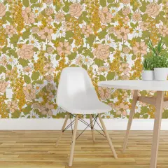 Pre-Pasted Wallpaper 2FT Wide Retro Flowers Green Orange Pink 1970s Spring Flower Power Vintage Style Custom Pre-pasted Wallpaper by Spoonflower