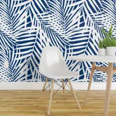 Peel & Stick Wallpaper 2FT Wide Silhouette Navy Palm Summer Tropical Blue And White Coastal Fronds Leaf Custom Removable Wallpaper by Spoonflower