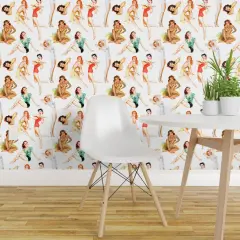 Peel & Stick Wallpaper 2FT Wide Pinup Girls Retro Women Vintage Style Tropical Hawaiian Custom Removable Wallpaper by Spoonflower