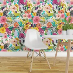 Pre-Pasted Wallpaper 2FT Wide Watercolor Floral Botanical Spring Nursery Roses Foliage Large Scale Custom Pre-pasted Wallpaper by Spoonflower