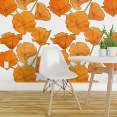 Pre-Pasted Wallpaper 2FT Wide California Poppy Watercolor Floral Orange Poppies Large Scale Custom Pre-pasted Wallpaper by Spoonflower