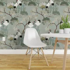 Pre-Pasted Wallpaper 2FT Wide Crane Chinoiserie Sakura Cherry Blossom Floral Birds And Flowers Gardens Custom Pre-pasted Wallpaper by Spoonflower