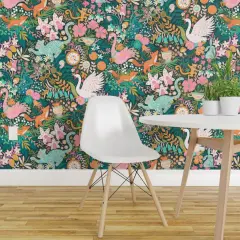 Pre-Pasted Wallpaper 2FT Wide Tea Time Teal Turquoise Keys Citrus Monkey Flamingo Swan Fox Custom Pre-pasted Wallpaper by Spoonflower