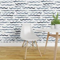 Peel & Stick Wallpaper 2FT Wide Watercolor Ocean Modern Nautical Blue And White Abstract Waves Maritime Beach Custom Removable Wallpaper by Spoonflower