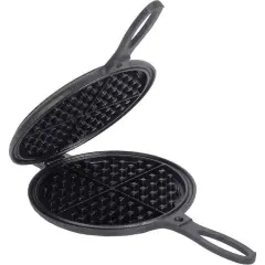 Lehmans Cast Iron Waffle Maker - Two Piece Hinged Non-Electric Waffle Iron for Stovetop or Grill Makes 7 inch Round Waffles - Non-Drip Double Rim - 8 pounds
