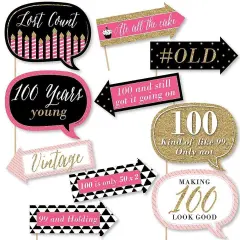 Big Dot of Happiness Funny Chic 100th Birthday - Pink, Black and Gold - Birthday Party Photo Booth Props Kit - 10 Piece