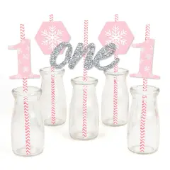 Big Dot of Happiness Pink Onederland - Paper Straw Decor - Holiday Snowflake Winter Wonderland Birthday Party Striped Decorative Straws - Set of 24