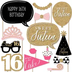 Big Dot of Happiness Chic 16th Birthday - Pink, Black and Gold - Photo Booth Props Kit - 20 Count