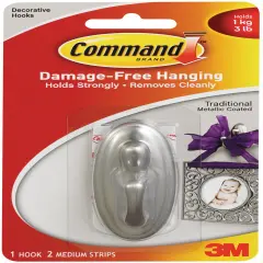 Command Medium Decorative Hooks-Brushed Nickel 1 Hook & 2 Strips