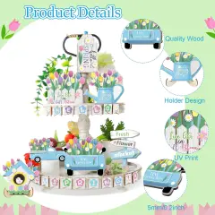 Hello Spring Tiered Tray Decor Tulips Table Wooden Sign Decorations Flower Market Tabletop Rustic Farmhouse Decor for Spring Holiday Party Home Kitchen (Tulip Style)
