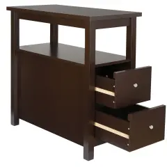 Brown End Table with 2 Drawer and Shelf Narrow for Living Room