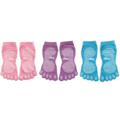 Wrapables Full Toe Yoga Pilates Socks with Grips, Set of 3, Pink/Purple/Blue