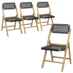 Costway 2/4 Piece Patio Folding Chairs with Woven Rope Seat & High Back Indonesia Teak Wood for Porch Natural&Black