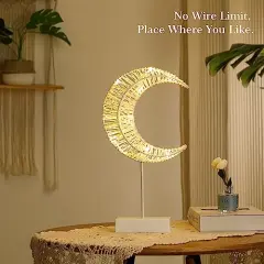 Decorative Table Lamp, Battery Powered Christmas Moon Shape Ramadan Desk Lamp, Winding Thread Warm LED Crescent Light Xmas Home Bedroom Romantic Bedside Desktop Nightstand Decoration - White
