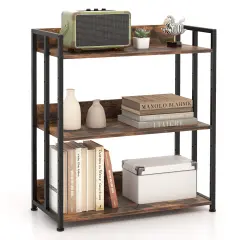 Costway 3-Tier Industrial Metal Frame Corner Bookcase with Adjustable Shelves Rustic Brown