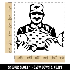 Fisherman Holding Fish Catch Self-Inking Rubber Stamp Ink Stamper Blue