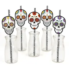 Big Dot of Happiness Day of the Dead - Paper Straw Decor - Sugar Skull Party Striped Decorative Straws - Set of 24