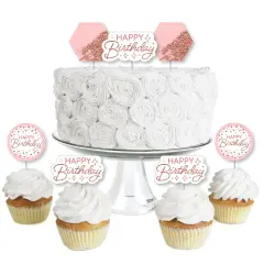 Big Dot of Happiness Pink Rose Gold Birthday - Dessert Cupcake Toppers - Happy Birthday Party Clear Treat Picks - Set of 24