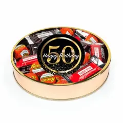 50th Birthday Sugar Free Candy Gift Tin Large Plastic Tin with Sticker and Hershey's Chocolate & Reese's Mix - By Just Candy