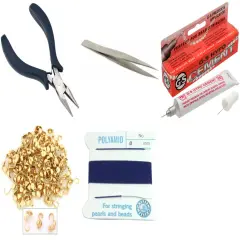 Bead Tip Kit - Pliers, Tweezers, Cement, 100 Bead tips & Dark Blue Bead Cord #6